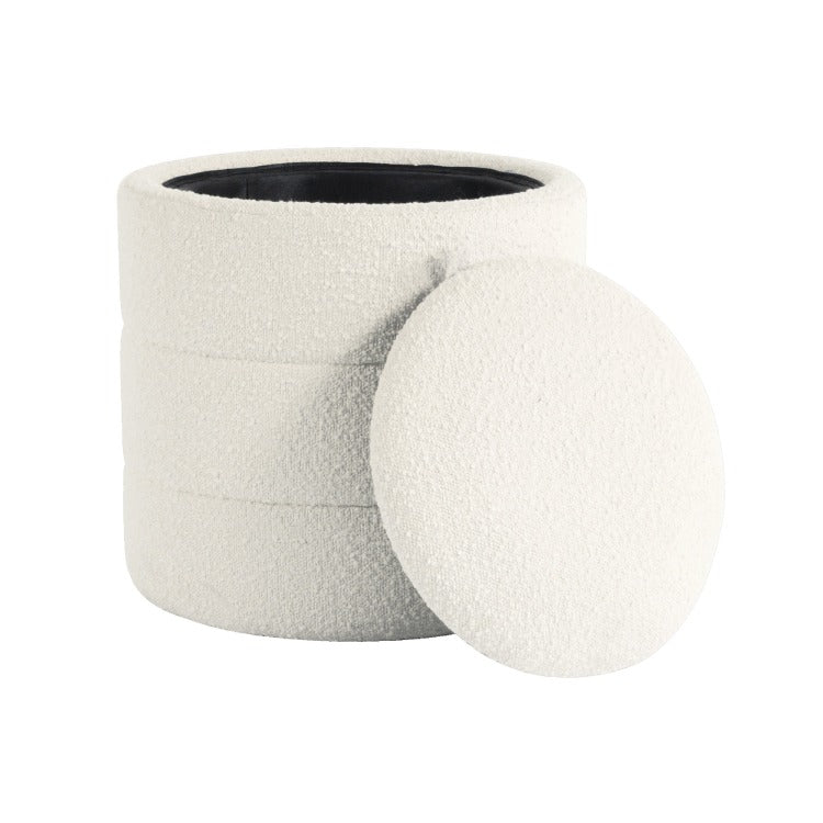 Pero Storage Ottoman, 18 Inch Round Removable Lid, White Boucle Fabric