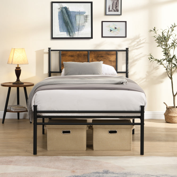 Twin Size Metal Bedframe,Headboard With Wood Panel Decoration,Black