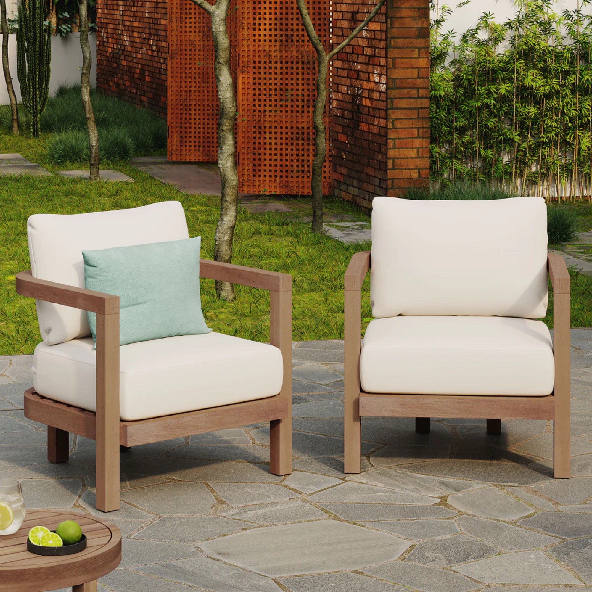 Set Of 2 Outdoor Acacia Wood Patio Club Chair, Patio Furniture,Waterproof Thick Cushion Deep Seating For Porch, Garden, Backyard, Balcony, Weight Capacity 400Lbs, Brown Wash, Beige Cushion
