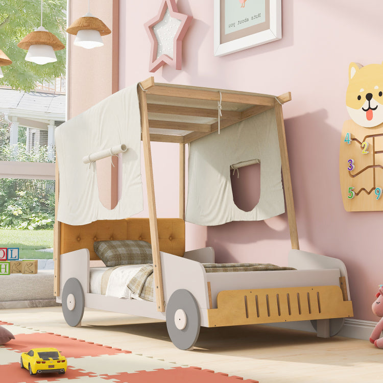 Wood Twin Size Car Bed With Pillow, Ceiling Cloth, Natural