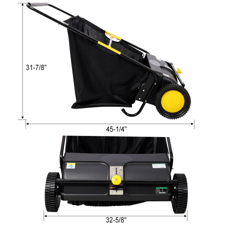 Hand Push Lawn Sweeper, 26 Inch Leaf & Grass Collector 7 Cu. Ft Hopper Bag Capacity. With Adjustable Brush Height