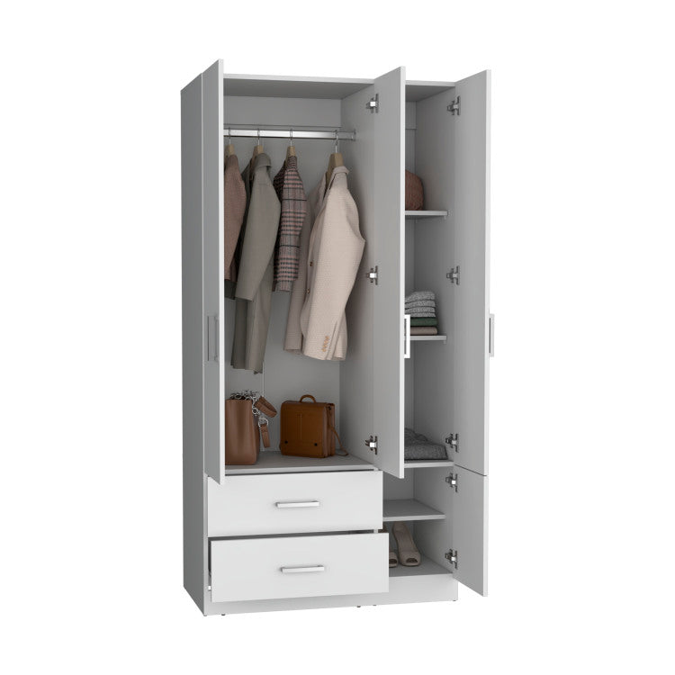 Sebree 71" High Armoire Wardrove Closet With 2 Drawers, Four Doors , Three Cabinet , Six Shelves And Hanging Rod, Bedroom Clothes Storage Cabinet Organizer White