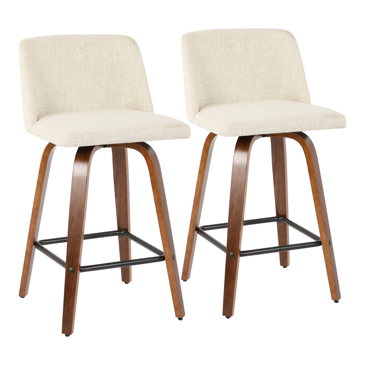 Mid Century Modern Counter Stool In Walnut And Cream Fabric Set Of 2