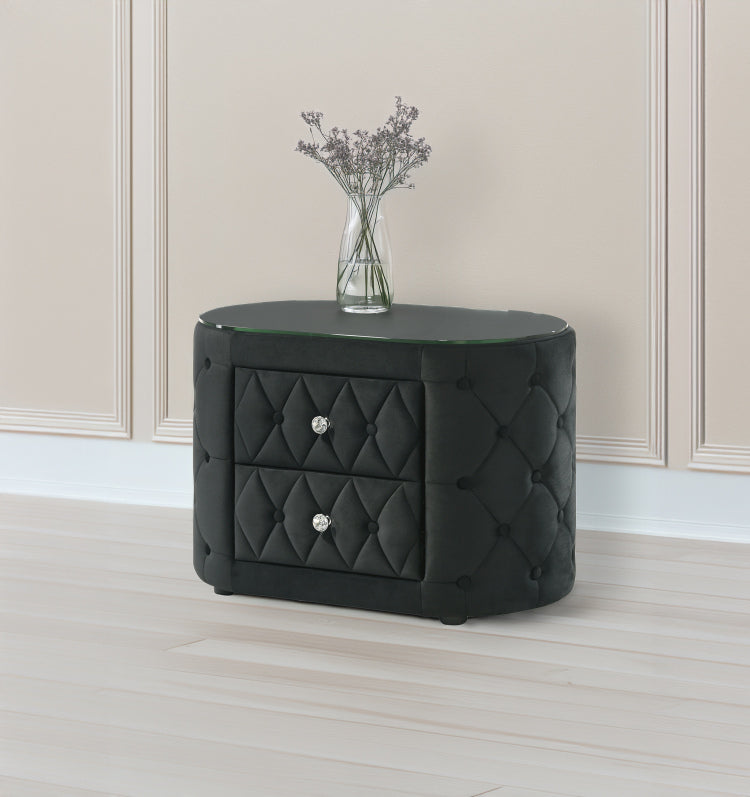 Luxurious 1Pc Oval Nightstand Plush Tufted Upholstery 8Mm Tempered Glass Top Rounded Sides Two Storage Drawers Sparkling Knobs Wooden Bedroom Furniture Black