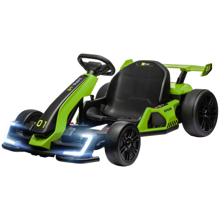 Aosom 24V 7.5 Mph Electric Go Kart With Adjustable Seat, Drifting Car Battery Powered Ride On Toy Outdoor With Slow Start, Button Start, Music, Honking Horn, Lights, For 6 12 Years Old, Green
