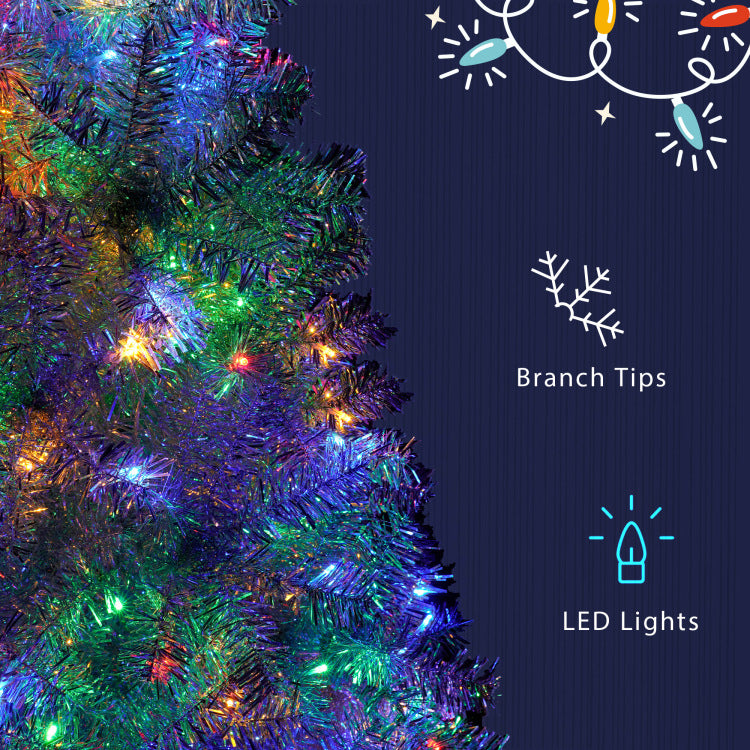 6Ft Sliver Pre Lit Artificial Christmas Tree, Hinged Full Tree With Metal Stand, 800 Branch Tips, 300 Led Lights,11 Lighting Modes, Holiday Decoration Tree For Indoor And Outdoor