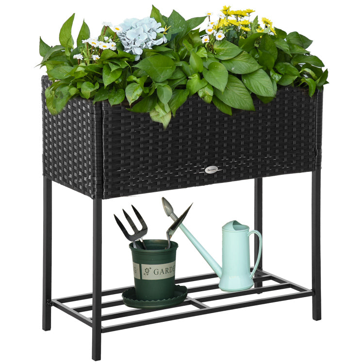 Outsunny Raised Garden Bed, Elevated Planter Box With Rattan Wicker Look, Tool Storage Shelf, Portable Design For Herbs, Vegetables, Flowers, Black