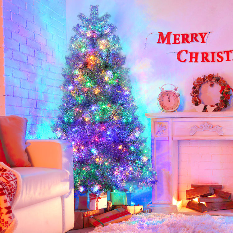 6Ft Sliver Pre Lit Artificial Christmas Tree, Hinged Full Tree With Metal Stand, 800 Branch Tips, 300 Led Lights,11 Lighting Modes, Holiday Decoration Tree For Indoor And Outdoor