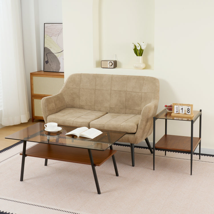 Coffee Table And End Tables Set Of 3, Tempered Glass Table With Mdf Layer, Modern Tables For Living Room , Brown Glass