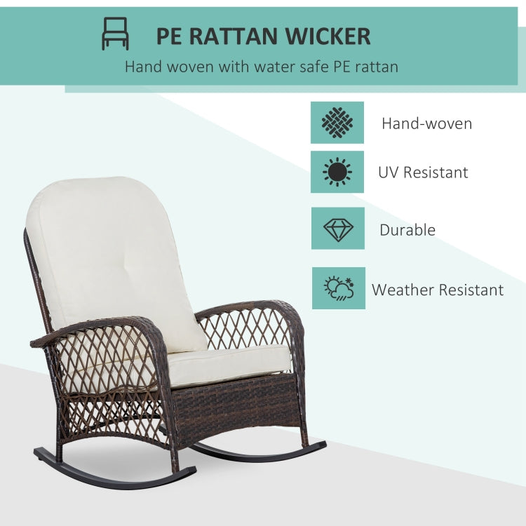 Outsunny Outdoor Wicker Rocking Chair With Wide Seat, Thick, Soft Cushion, Rattan Rocker W Steel Frame, High Weight Capacity For Patio, Garden, Backyard, Cream White