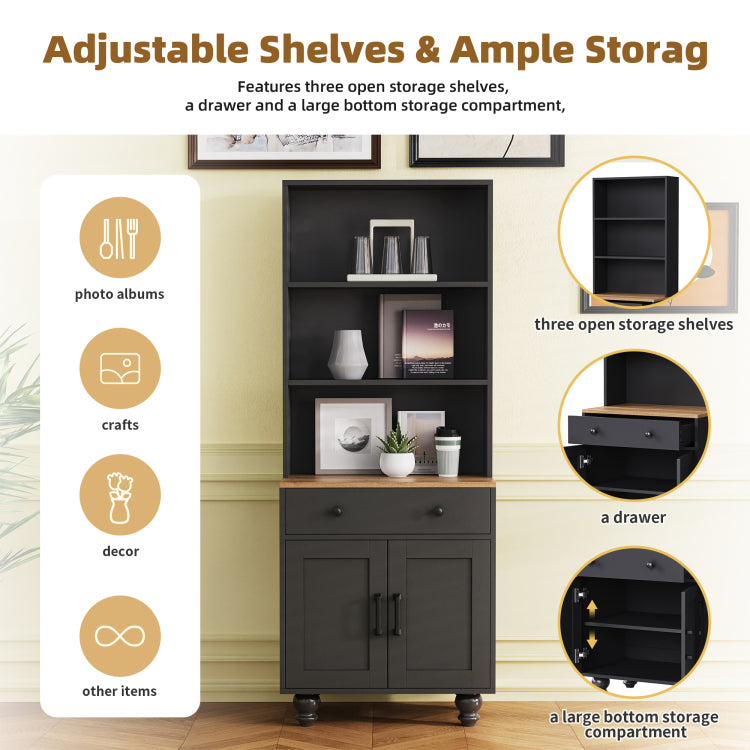 Farmhouse Storage Cabinet With 4 Solid Wood Gourd Shaped Legs, Modern Kitchen Pantry Cabinet With Adjustable Shelves, 5 Tier Bookshelf With Drawer For Living Room, Black
