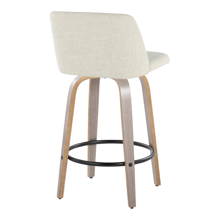 26" Contemporary Fixed Height Counter Stool With Swivel In Light Grey Wood And Cream Fabric With Round Black Metal Footrest Set Of 2