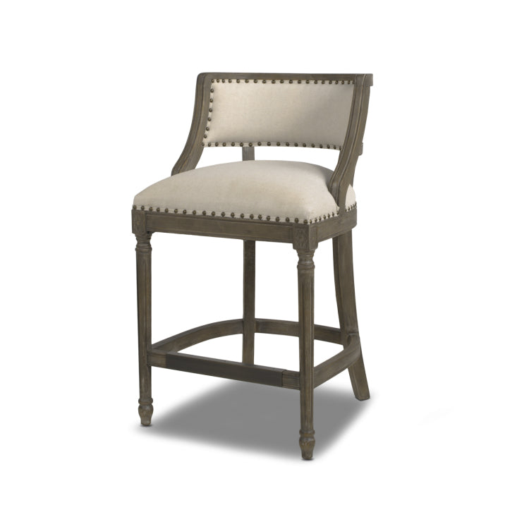 Paris 26.5" Farmhouse Counter Height Bar Stool With Backrest, Light Beige Linen
