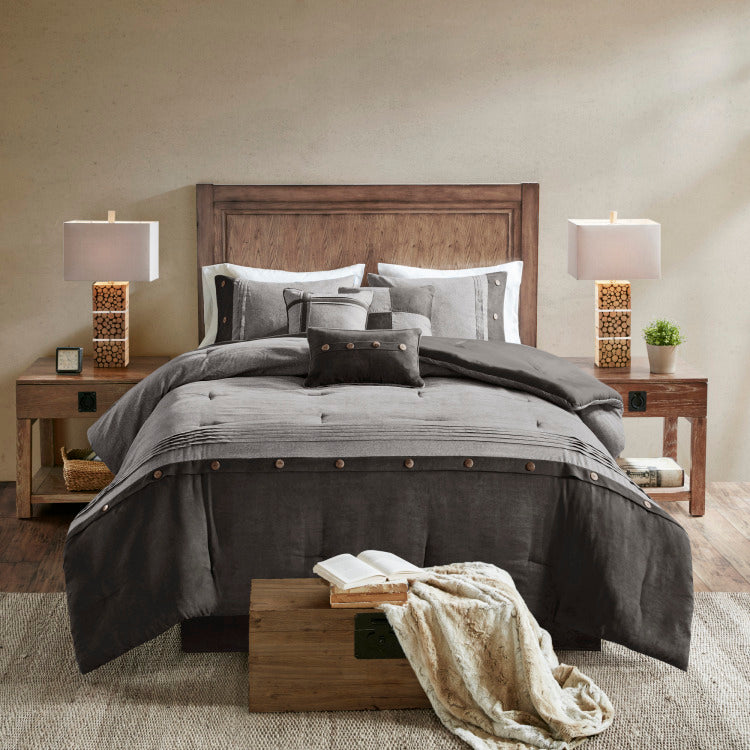 7 Piece Faux Suede Comforter Set Grey Queen