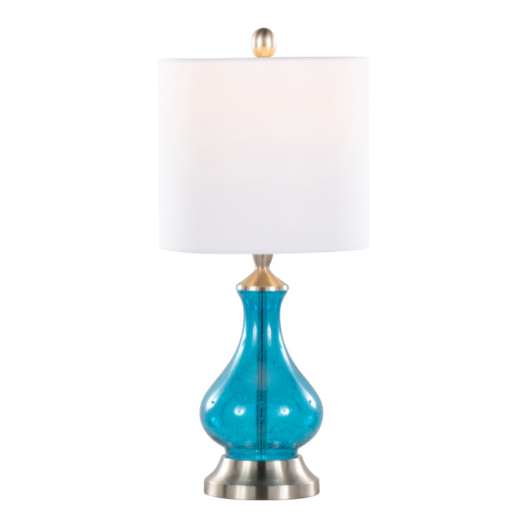 Jasmine 22" Contemporary Glass Accent Lamp In Clear Sapphire Blue Seeded Glass, Brushed Nickel And White Linen Shade