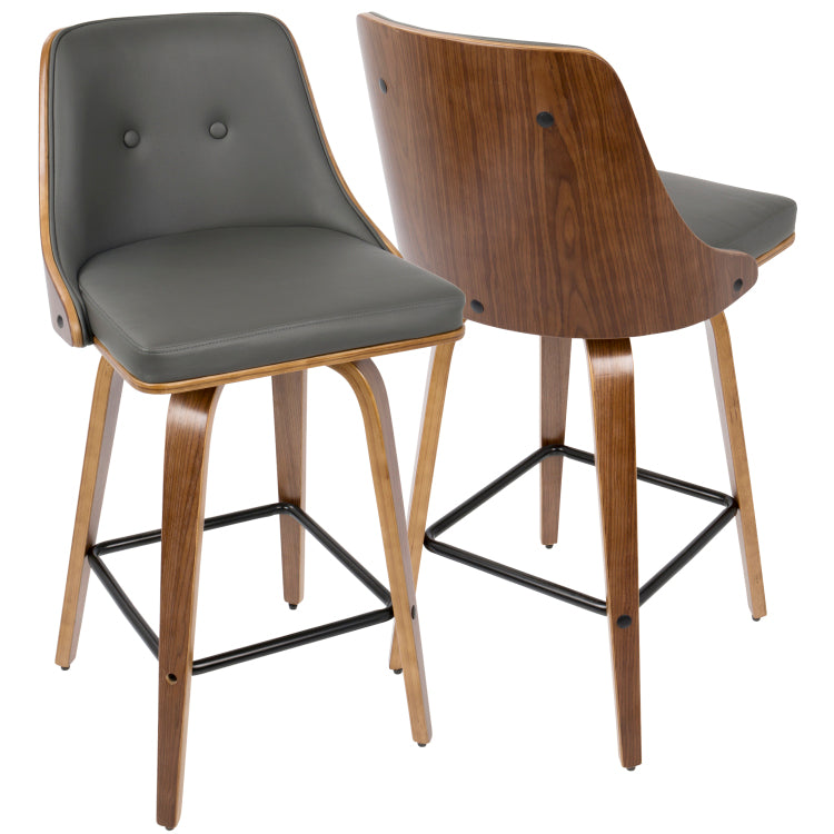 26" Mid Century Modern Counter Stool In Walnut With Grey Faux Leather Set Of 2