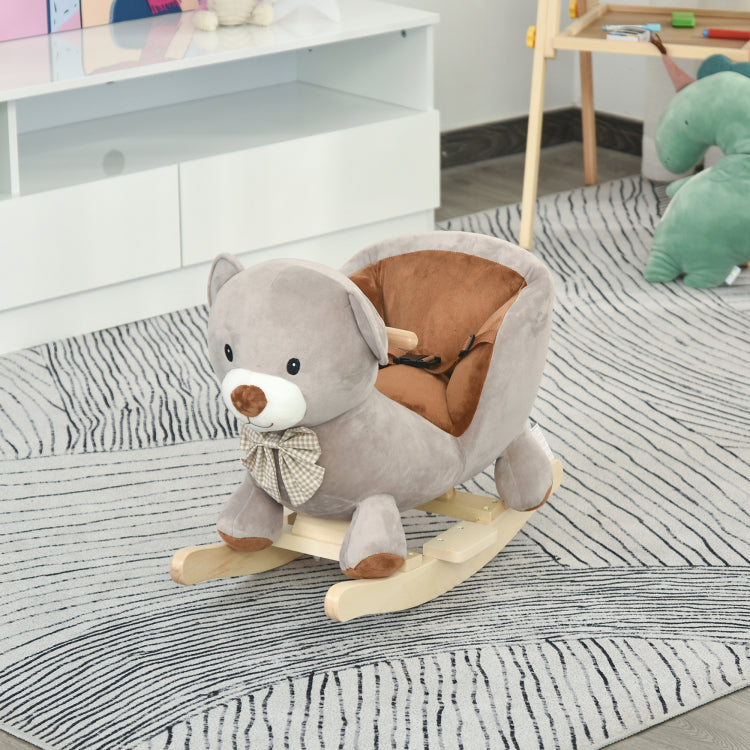 Qaba Kids Rocking Horse, Bear Shaped Plush Toddler Ride On Horse With Sound, Wooden Base & Safety Belt For 18 36 Months, Gray