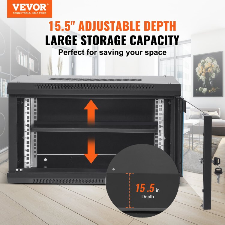 6U Wall Mount Network Server Cabinet, 15.5'' Deep, Server Rack Cabinet Enclosure, 200 Lbs Max. Ground Mounted Load Capacity, With Locking Glass Door Side Panels, For It Equipment, A V Devices