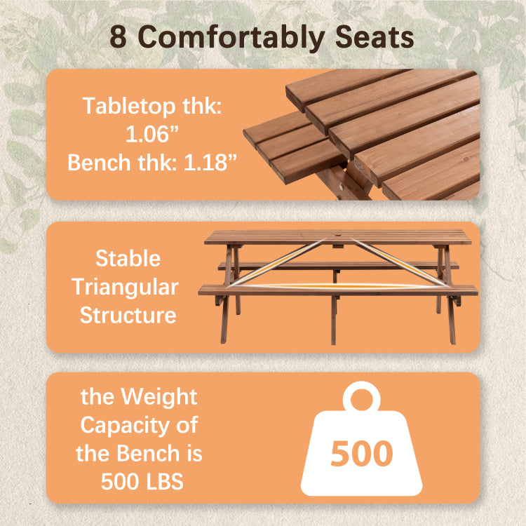 8 Person Brown Wooden Picnic Table, Outdoor Camping Dining Table With 2 Seats, Garden, Diy With 2 Built In Benches, 2220Lb Capacity