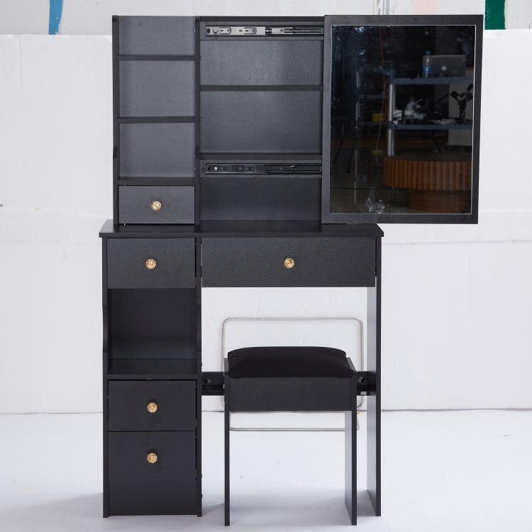 29.2" Small Space Left Drawer Desktop Vanity Table Cushioned Stool, Extra Large Right Sliding Mirror, Multi Layer High Capacity Storage, Practical Fashionable Dresser, Suitable For Small Space