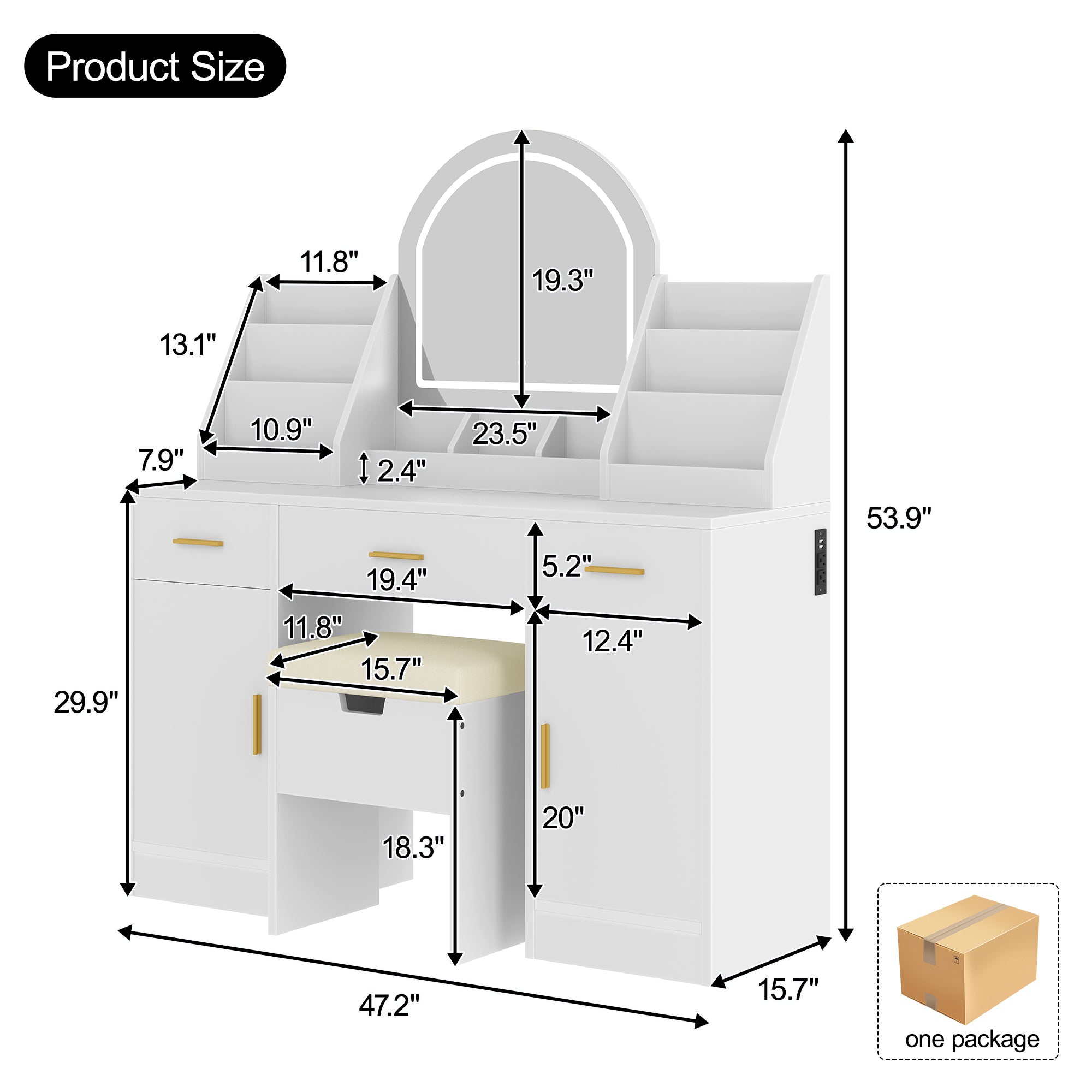 47.2" Makeup Vanity With Mirror And Light, Vanity Desk With Cushioned Storage Stool, Dressing Table With Two Organizers,3 Drawers And 2 Cabinets For Bedroom, White