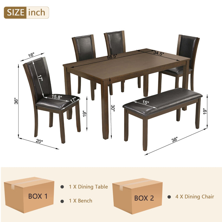 6 Piece Dining Table Set With Bench And Chairs, Wooden Dining Table Set For 6 People, Farmhouse Rustic Style 6 Person Dining Table Set For Dining Room, Kitchen, Dark Walnut