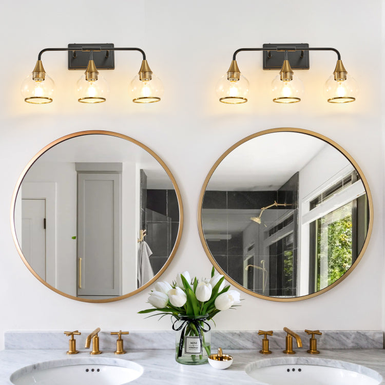 23" Modern 3 Light Vanity Wall Sconce Black And Gold Bathroom Light Fixture With Clear Glass Shades, Industrial Wall Mounted Lamp For Mirror, Vanity, And Living Spaces Bulb Not Included
