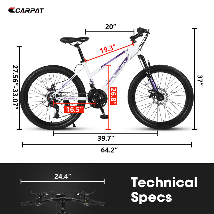 S24103 24 Inch Mountain Bike For Teenagers Girls Women, Shimano 21 Speeds With Dual Disc Brakes And 100Mm Front Suspension, White Pink