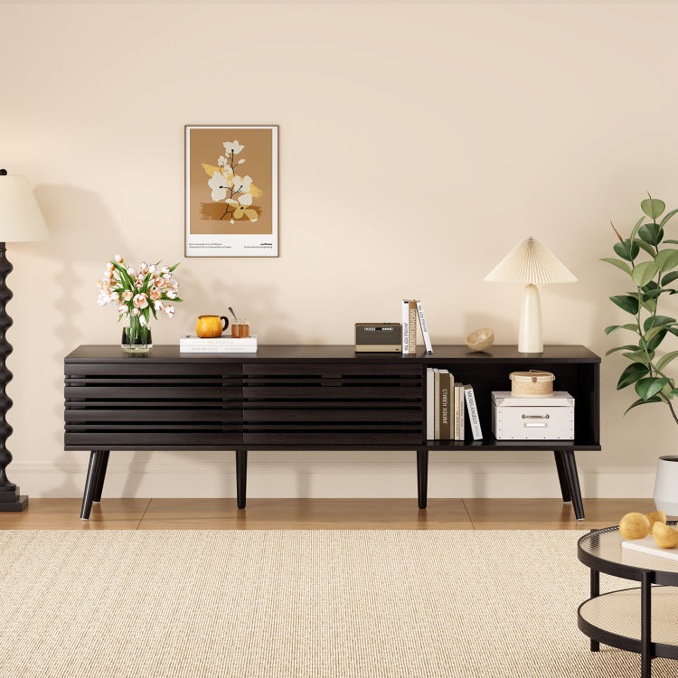 Mid Century Modern Tv Stands For Up To 70" Tv With Storage, Fluted Wood Tv Stand For Living Room, Boho Media Console, Entertainment Center With Cable Management
