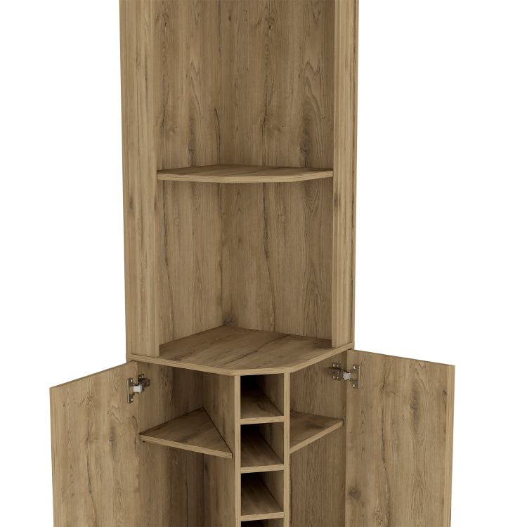 Reese Corner Bar Cabinet, Two Shelves, Double Door Cabinet, Five Built In Wine Rack, Four Interior Shelves