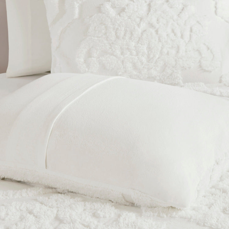3 Piece Tufted Cotton Chenille Damask Comforter Set Off White Full Queen
