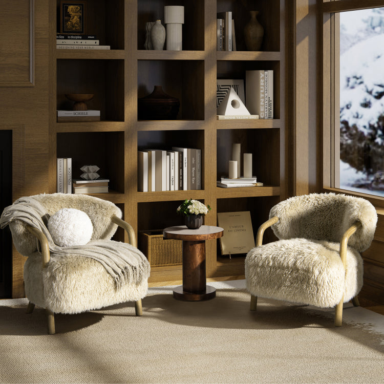 Becker 33" Rustic Oak Sheepskin Upholstered Accent Arm Chair, Taupe Beige Genuine Fur