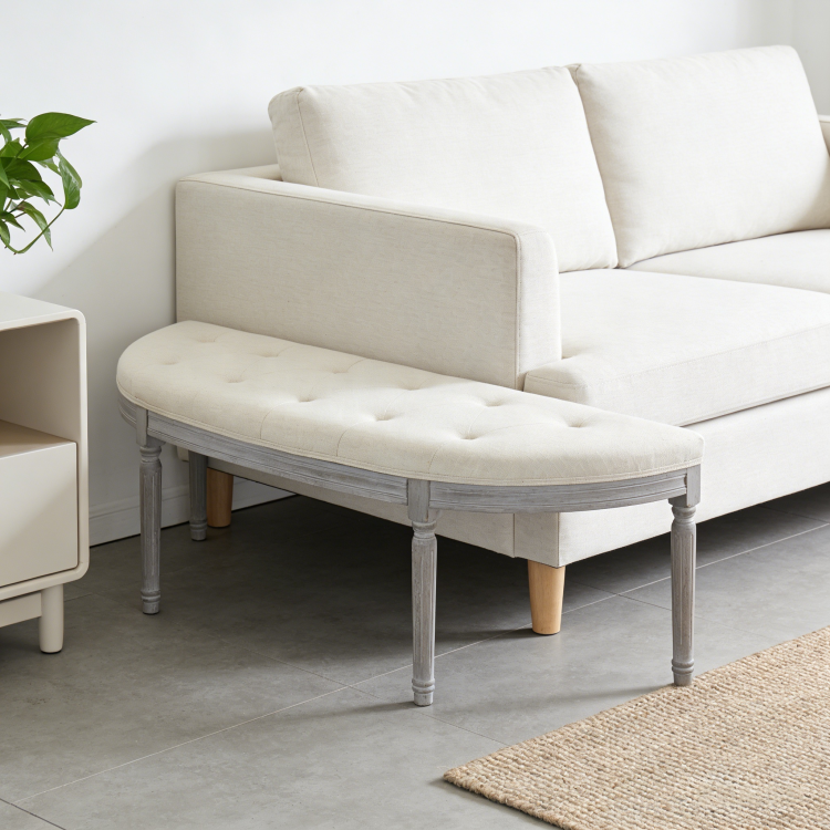 Coastal Button Tufted Light Beige Upholstered Bench With Weathered Gray Legs