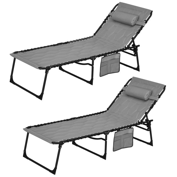 Outsunny Folding Chaise Lounge Set With 5 Level Reclining Back, Outdoor Lounge Tanning Chair With Padded Seat, Side Pocket & Headrest For Beach, Yard, Patio, Gray