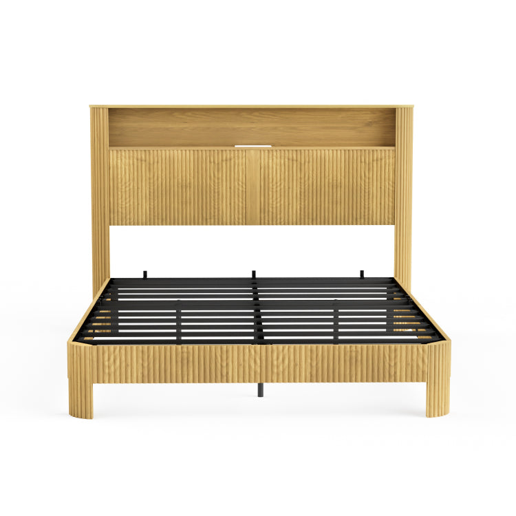 Queen Size Bed Frame With Storage Headboard, Built In Charging Station, Wavy Curved Lines Design, Silent Operation, Metal Support, Natural