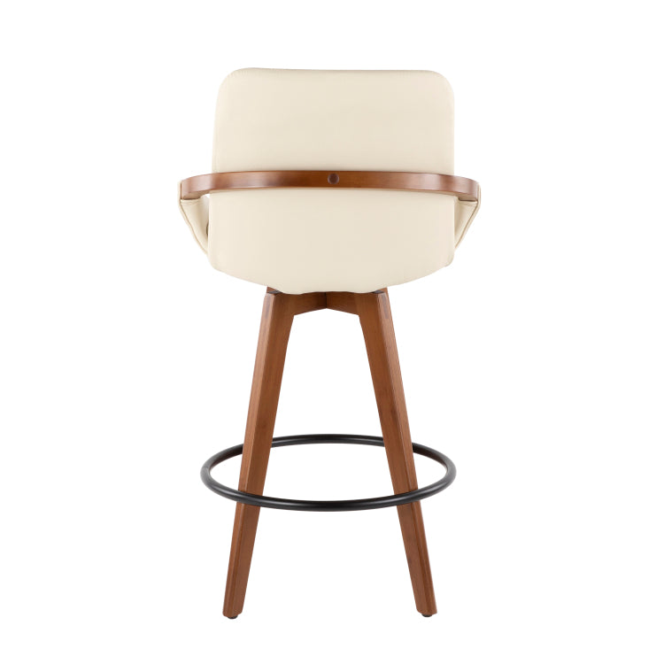 Mid Century Counter Stool In Walnut And Cream Faux Leather