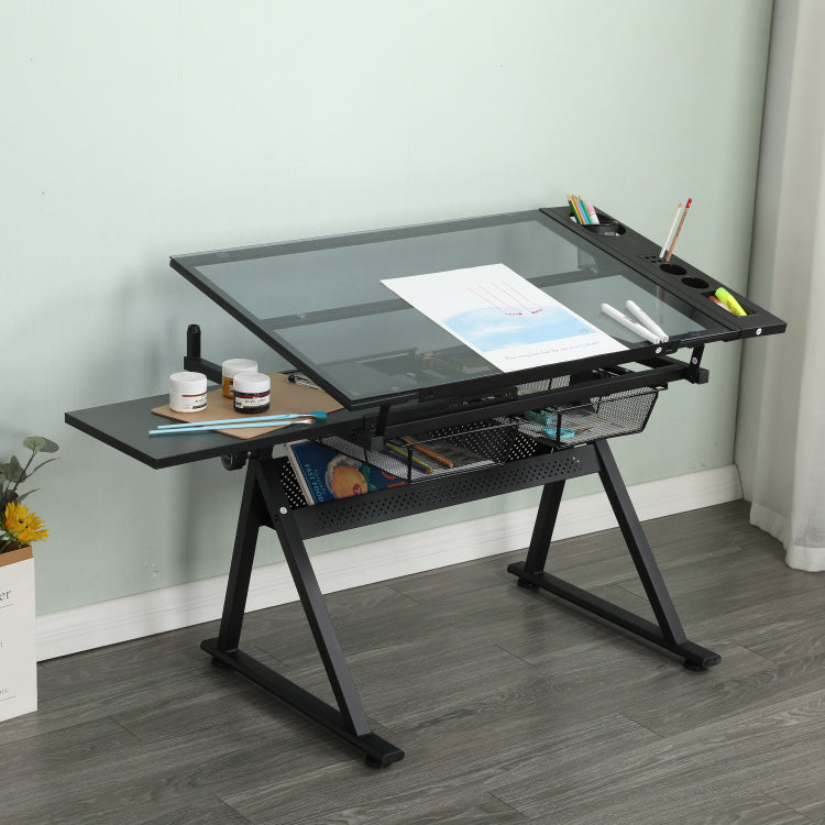Drafting Table, 0 75 Adjustable Glass Top Artist Table Height Adjustable Drafting Desk With Large Storage For Painting & Crafting Ideal For Designers And Art Students Black