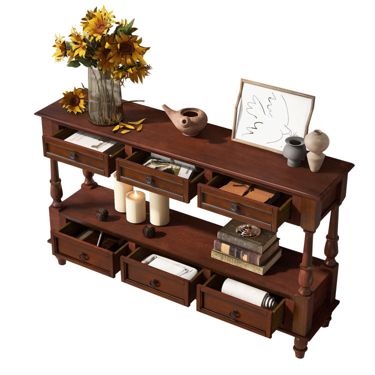 Solid Wood Console Table With 6 Drawers And Shelf, Vintage 54'' 2 Tier Wood Couch Foyer Table For Living Room, Hallway, Entrance Cherry