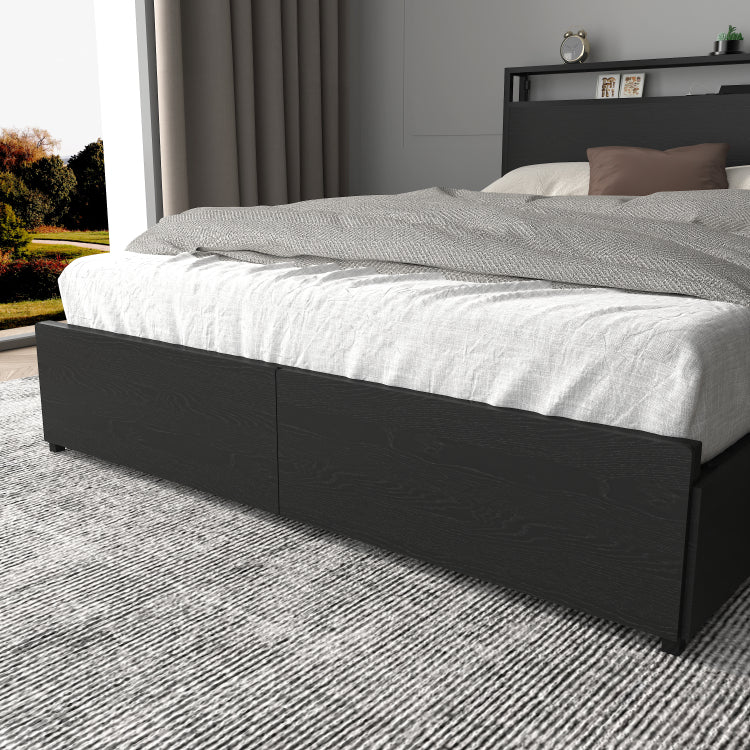 Full Bed Frame, Storage Headboard With Charging Station, Solid And Stable, Noise Free, No Box Spring Needed, Easy Assembly