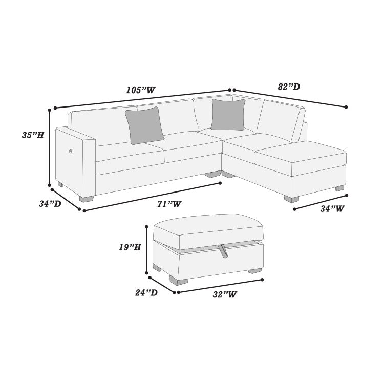 Camel Wide Welt Corduroy Sectional Sofa Reversible Chaise Sofa W Usb Storage Ottoman Upholstered Couch Pillows 3Pc Set Living Room
