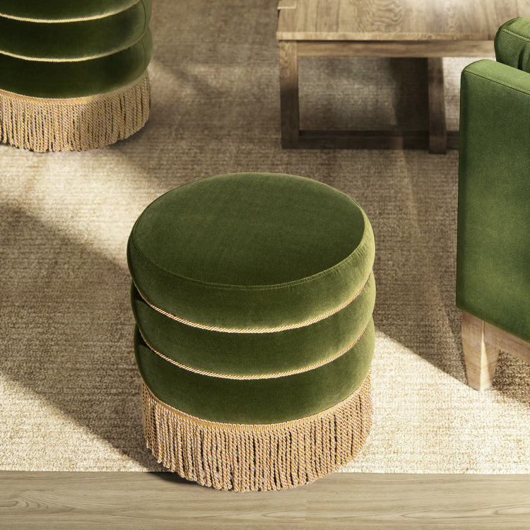 Edward 17.5" Round Upholstered Ottoman With Bullion Fringe, Olive Green Performance Velvet