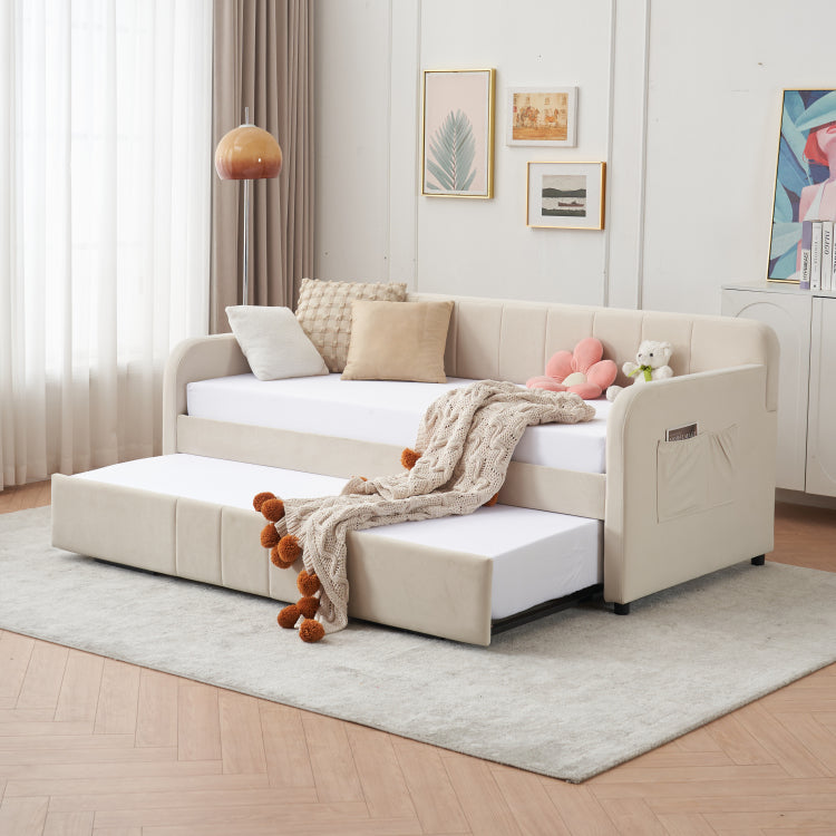 Twin Upholstered Daybed Frame With Trundle, Twin Size Sofa Bed For Bedroom Living Room Guest Room, Wood Slat Support, Beige