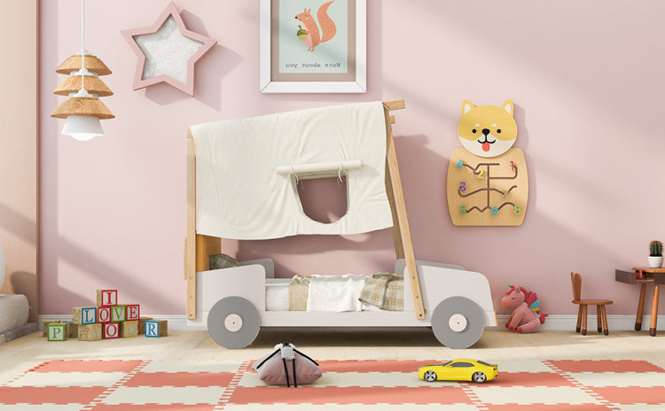 Wood Twin Size Car Bed With Pillow, Ceiling Cloth, Natural