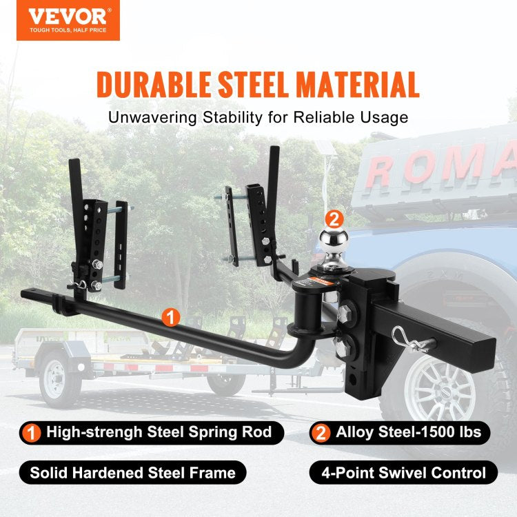 Weight Distribution Hitch, 1,500 Lbs Weight Distributing Hitches Kit With Sway Control For Trailer, 2 In Solid Steel Shank, 2 5 16 In Alloy Steel Ball, Powder Coated Load Leveling Hitch, Black