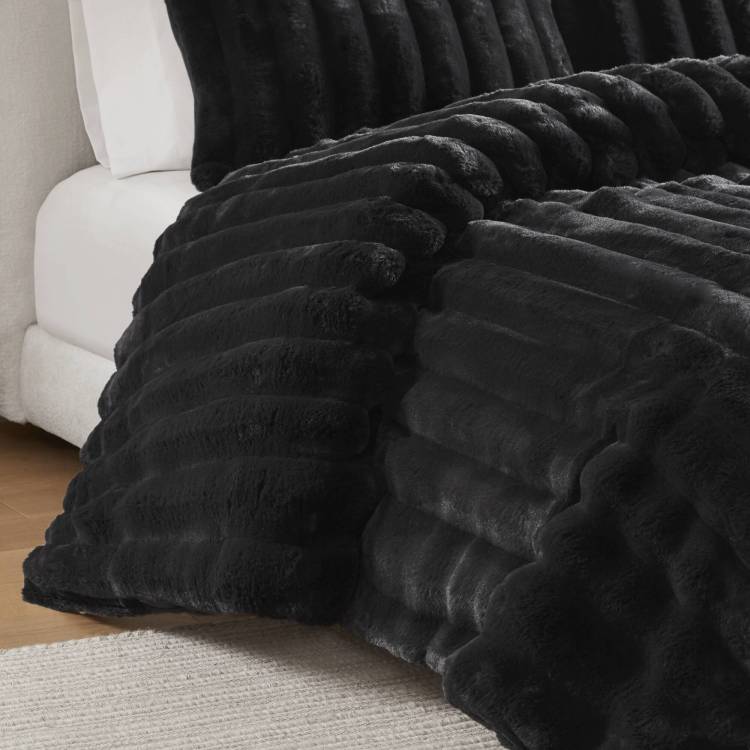 3 Pcs King Soft Faux Fur Ribbed Comforter Set Black