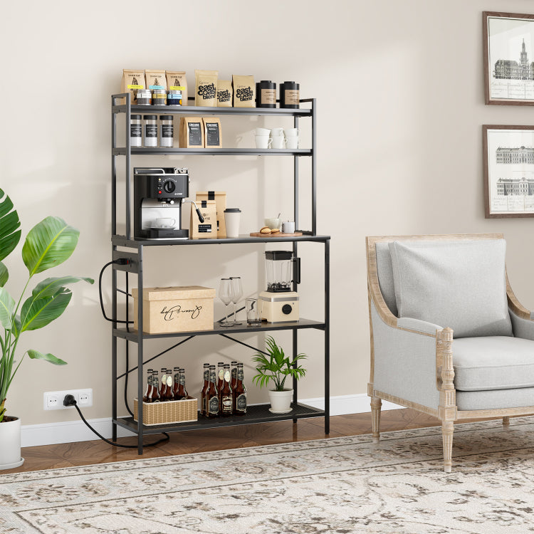 Large 5 Tier Bakers Rack With Electrical Outlets, 39 Inch Microwave Stand & Coffee Bar, Kitchen Storage Shelf For Home, Counter Space Organizer