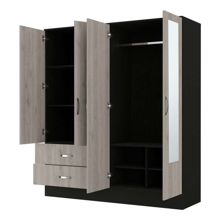 Florencia L Mirrored Armoire, Two Cabinets With Divisions,Black And Light Grey
