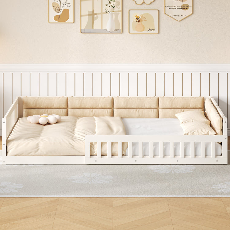 Wood Full Size Upholstered Platform Bed With Guardrail And Pillow, Beige