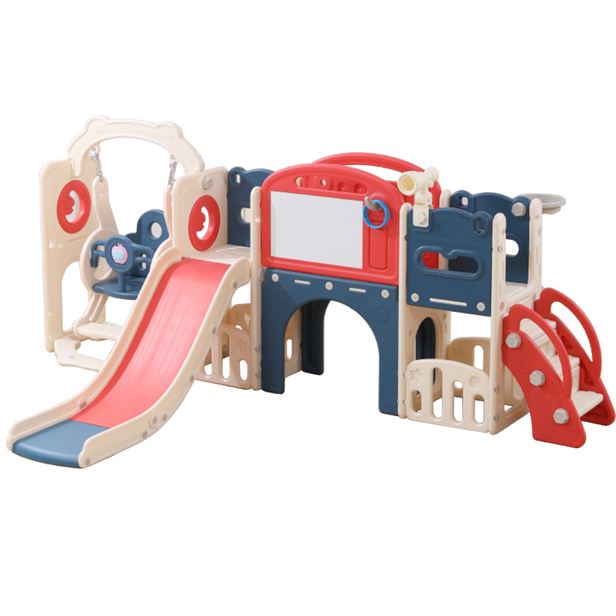 12 In 1 Indoor Outdoor Playset For Toddlers 1 3 Swing & Slide Combo, Durable Climber Basketball Hoop Ball Toddler Indoor Playset For Home Playground Red Blue
