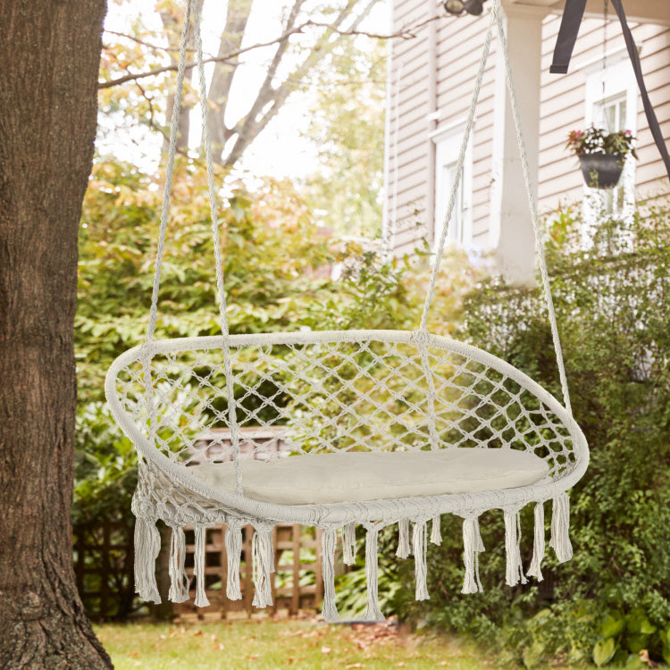 Outsunny 2 Person Hammock Chair Macrame Swing With Soft Cushion, Hanging Cotton Rope Chair For Indoor Outdoor Home Patio Backyard, White